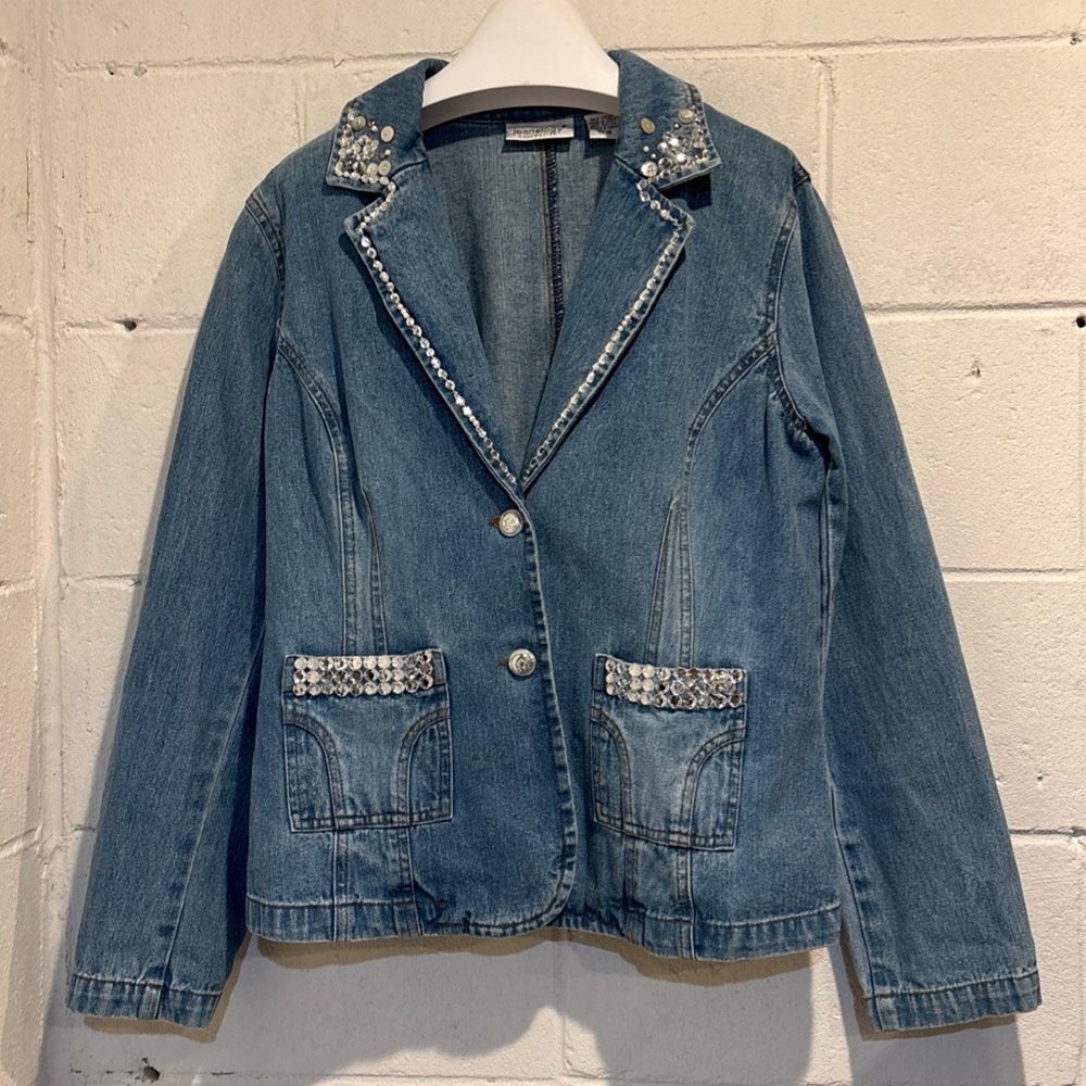 Jeanology vintage Jean jacket studded rhinestones long sleeve pocket size 16